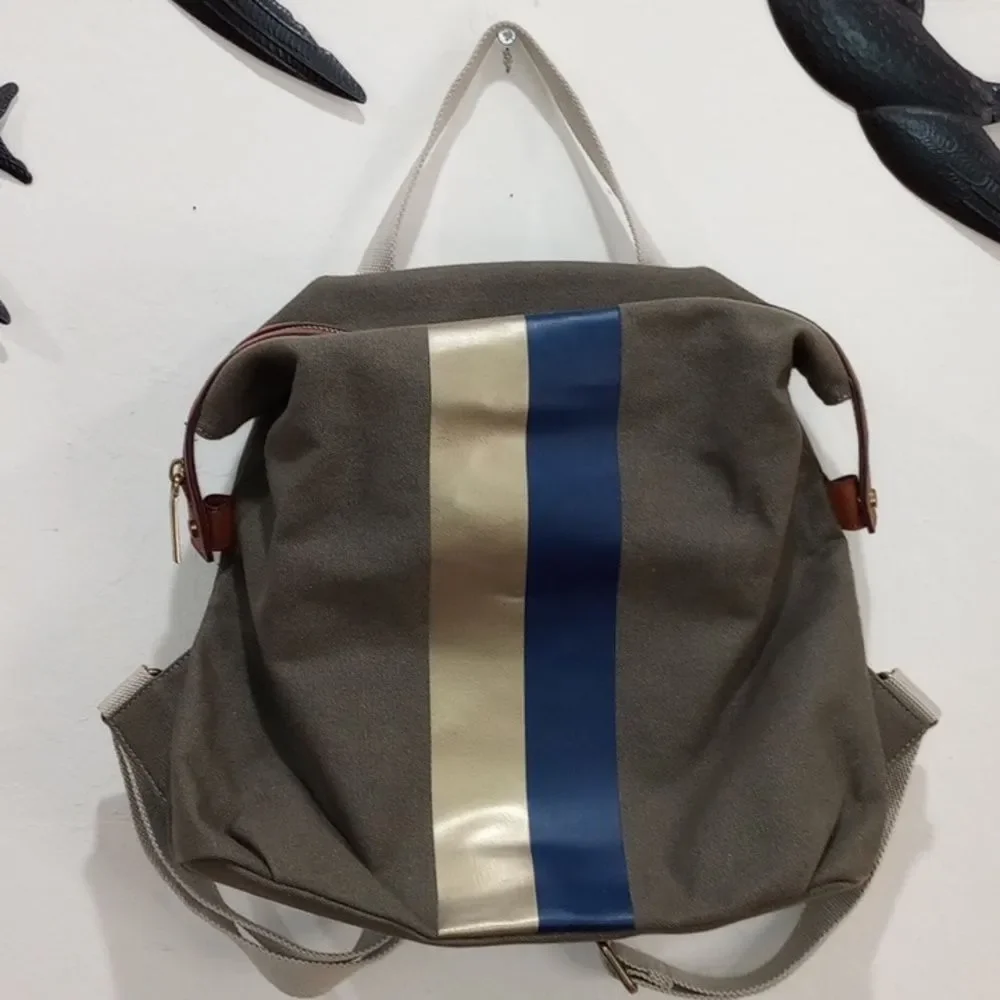 G.I.L.I. Leather Trim Canvas Backpack Olive Stripe Zip Top Adjustable Straps